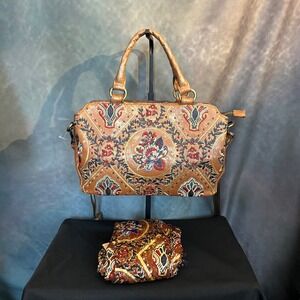 Patricia‎ Nash Angelin Two Piece Set Tan Gold Floral Embroidered Satchel Scarf